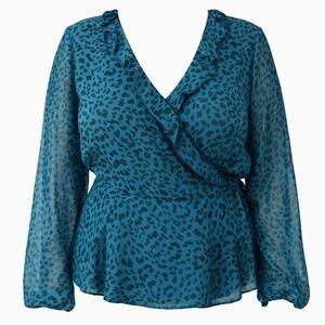 Mi Ami 2X Teal Animal Print Wrap Blouse for Women – Plus Size Flowy V-Neck Chic